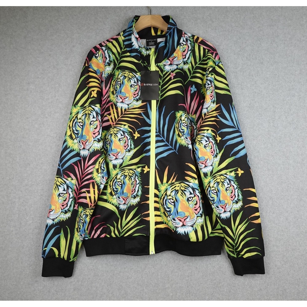 G-Style USA Track Suit Jacket Men's Large Neon Jungle Tiger Tropical Full Zip